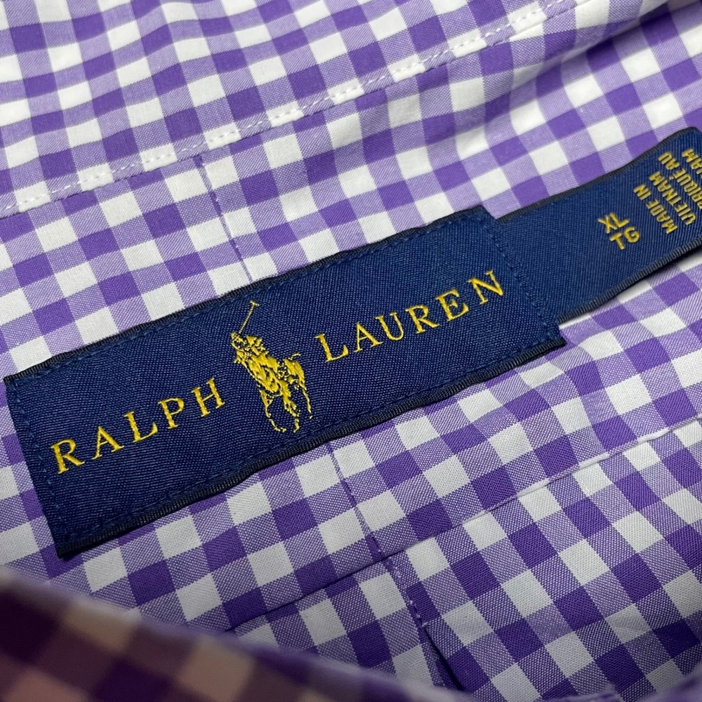 Ralph Lauren Mens XL Gingham Button Down Shirt PurpleWhite Long Sleeve Pony Logo - Picture 2 of 7
